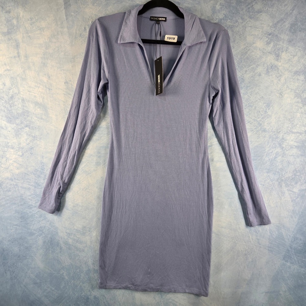 Fashion Nova Vivianna Long Sleeve Mini Dress Blue Ribbed V-Neck Size M 76031